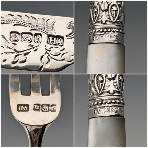 1900 年英國古董純銀刀片白色珍珠柄甜點餐具 6 副套裝阿特金兄弟